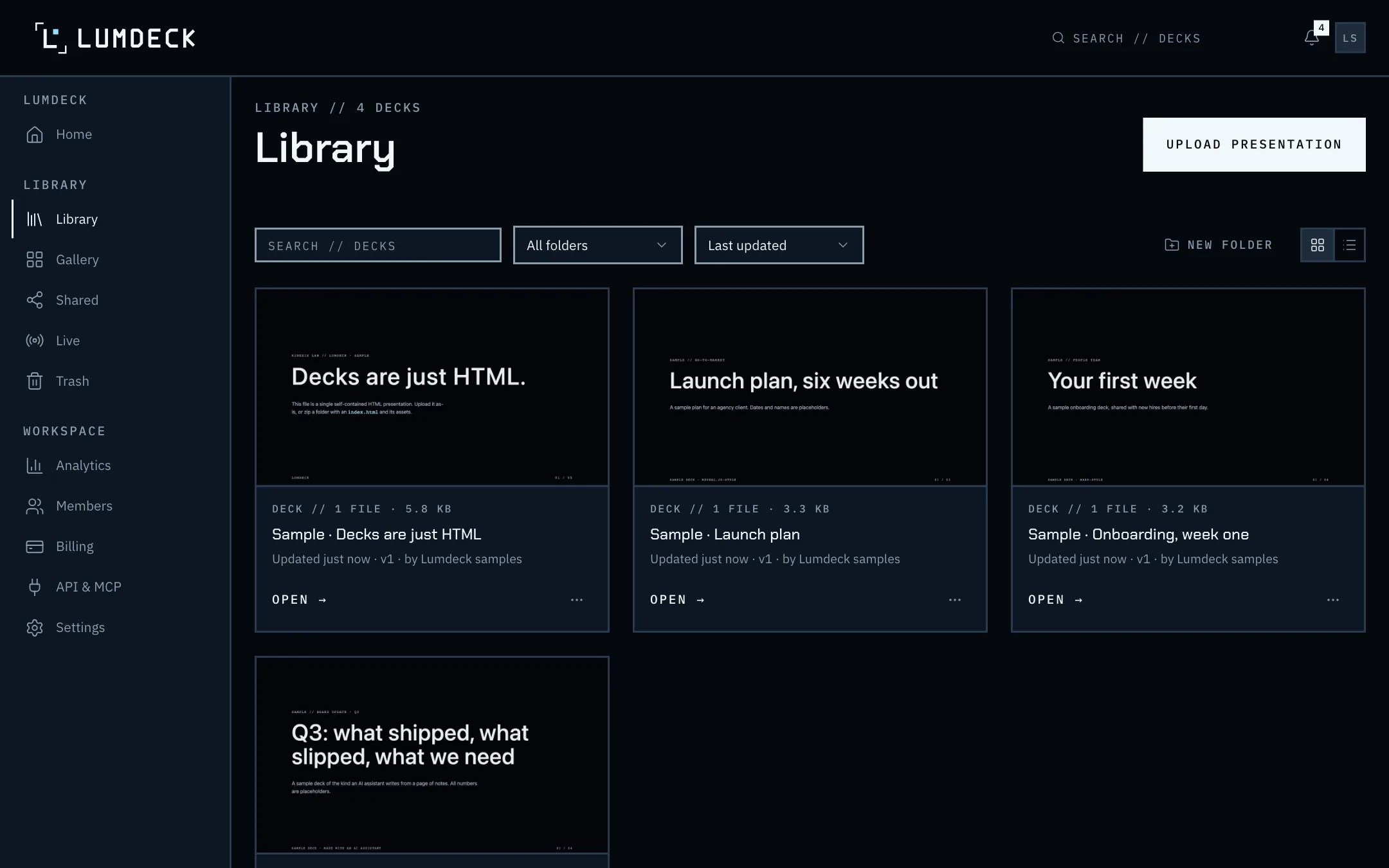 The library with sample decks, each shown with a picture of its first slide.